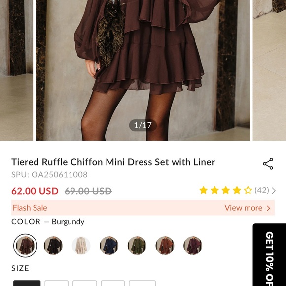 Commense Tiered Ruffle Chiffon Mini Dress Set w/Liner Dark Brown Size XS NWT $69 - Picture 6 of 6